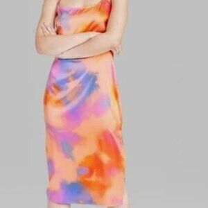 Wild Fable Orange Pink Blue Tie Dye Silk Midi Slip Dress Strapless Love is Blind